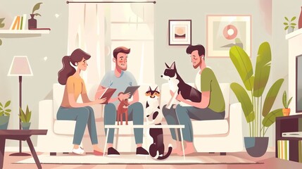 Illustrated family sitting together with pets on a couch.