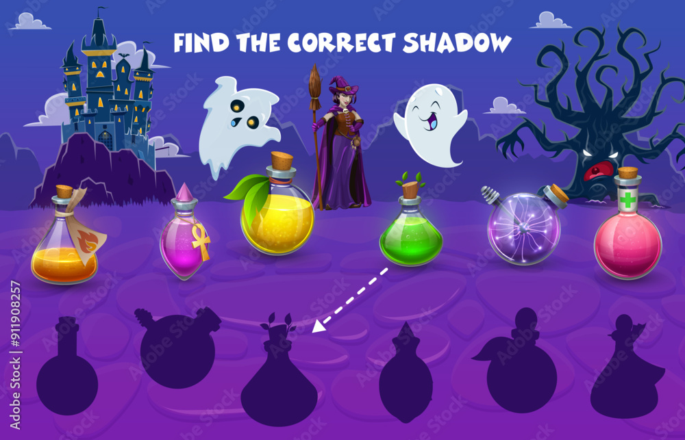 Poster find the correct shadow of halloween witch potion bottles. kids vector matching game worksheet with 