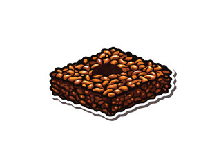 A cartoon illustration of a square chocolate rice krispies treat with a bite out of the corner.