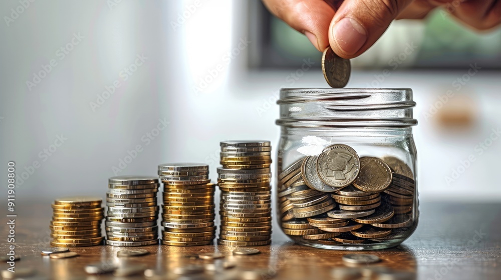 Aufkleber A hand putting coins into an open glass jar on white background, with stacks and rows of silver coin in the bottom part of it. The concept shows financial planning or saving. Generative AI.