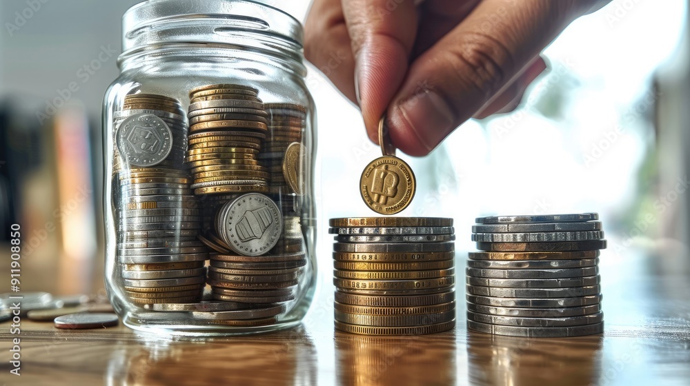 Aufkleber A hand putting coins into an open glass jar on white background, with stacks and rows of silver coin in the bottom part of it. The concept shows financial planning or saving. Generative AI.