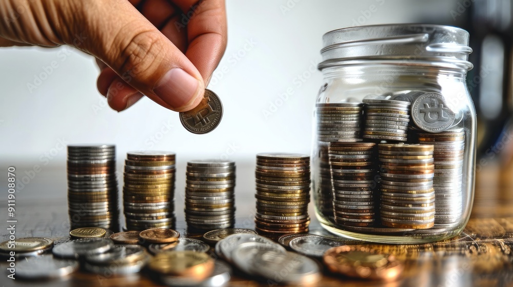 Aufkleber A hand putting coins into an open glass jar on white background, with stacks and rows of silver coin in the bottom part of it. The concept shows financial planning or saving. Generative AI.