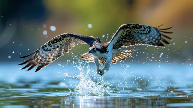 Hawk catching fish from water, nature in action