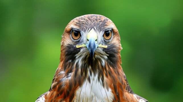 Hawk staring forward, detailed close-up shot in green