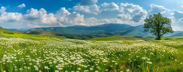 Fototapeta premium Panoramic Countryside with Blooming Field of Daisies