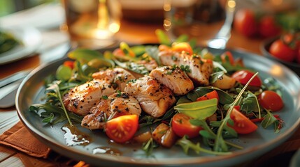 A low-carb dinner plate. in a cozy home setting. showcasing delicious and nutritious low-carb meals. Ideal for fitness and diet articles. Generative AI.