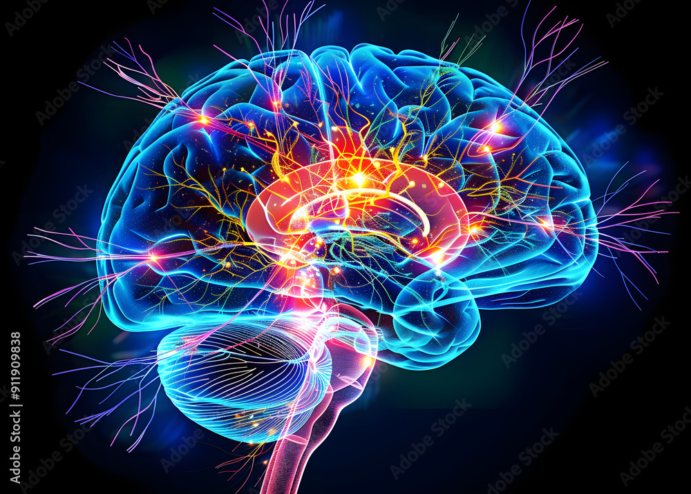 Poster colorful abstract brain scan x-ray image on a dark blue background with glowing neural connections a