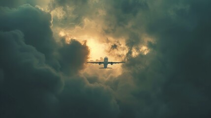 Naklejka premium Silhouette of airplane piercing through the stormy clouds