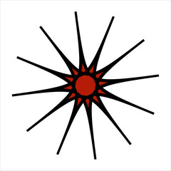 A red star with thin rays with a black outline in the style of brutalism