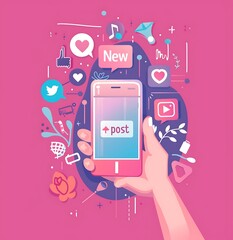 Hand holding smartphone with new post and social media icons.