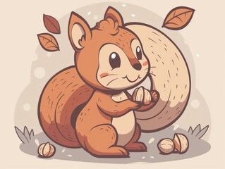 Cute cartoon squirrel holding a nut in autumn.