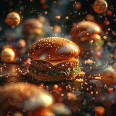 A lot of a cute burgers floating in space and planets in the dark background, front view, 3d style. Generative AI.