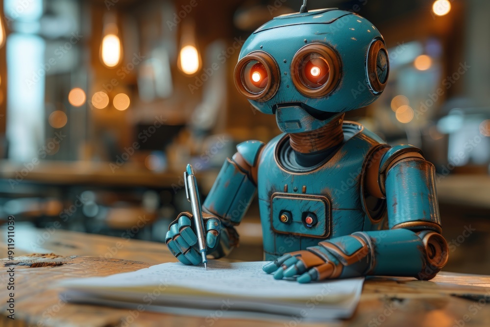 Poster a blue robot sits at a table with a pen in its hand writing on a piece of paper.