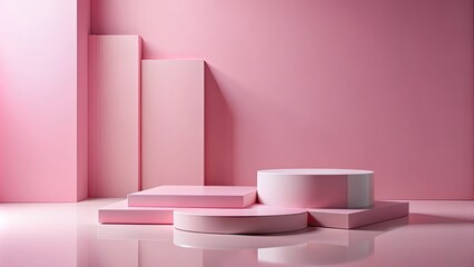 Empty product display mockup with pink backdrop and abstract geometric platforms for showcasing merchandise