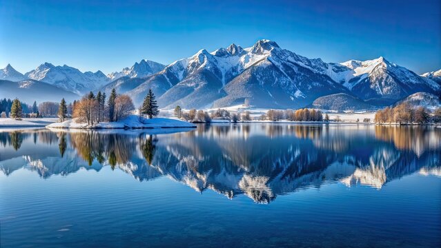 Winter landscape with snow-covered mountains reflecting in a tranquil lake at Forggensee , Winter, landscape, mountains