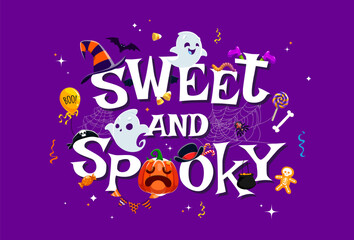 Sweet and Spooky Halloween banner with cute kawaii ghost characters and holiday candies, vector background. Halloween horror night and trick or treat cartoon spooky boo ghosts with pumpkin in cobweb