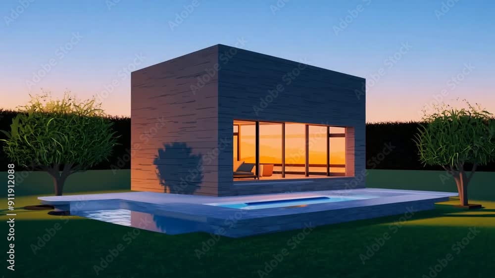 Poster modern cubic house with pool and garden in evening light generative ai