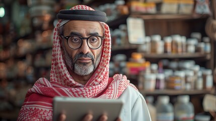 Middle Eastern Man Using a Tablet in a Shop