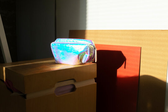 Sparky shiny hologram clutch with golden hour beam of light / sunrays