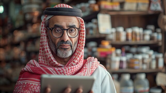 Middle Eastern Man Using a Tablet in a Shop