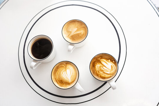 Artistic Coffee Presentation On Circular Table.