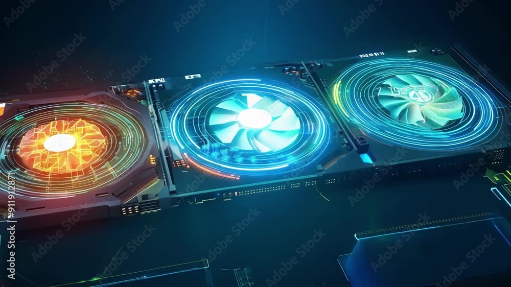 Poster explore a dynamic display of advanced technology featuring glowing circuits and animated elements in