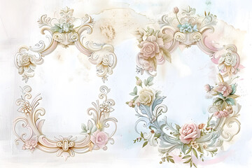 Delicate watercolor crest adorns a set of ornate vintage wedding frames in soft pastel hues, showcasing elegance and romance in a whimsical illustration.