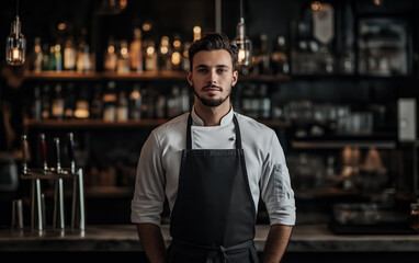 Chef kitchen apron. Chef cook in a uniform, kitchen apron, wearing protective apparel, culinary environment, food service setting, chef in kitchen interior, apron mock-up. Realistic style photo