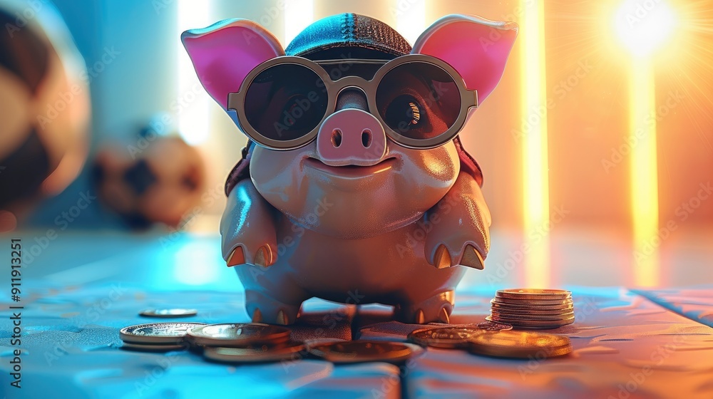 Poster a piggy bank that is designed to look fancy, such as a piggy bank wearing sunglasses or a hat, along