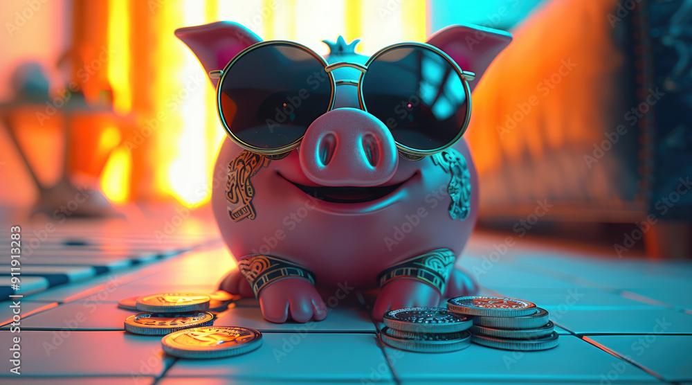 Poster a piggy bank that is designed to look fancy, such as a piggy bank wearing sunglasses or a hat, along