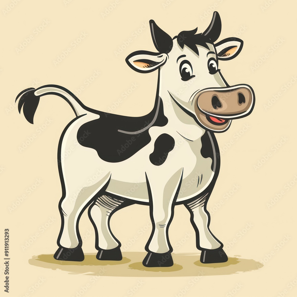 Sticker Cartoon illustration of a happy black and white cow.