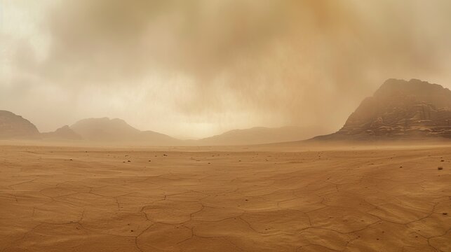 Dry desert expanse with mountains and dusty sky view