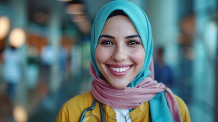 Smiling Muslim Woman in a Yellow Jacket and Hijab