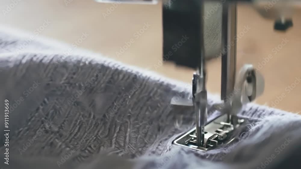 Poster sewing machine presses gray woolen fabric while stitching generative ai