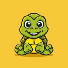 Fototapeta premium Cute cartoon turtle with a big smile, isolated on a yellow background.