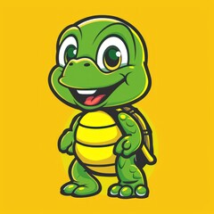 Cartoon turtle with a big smile on a yellow background.