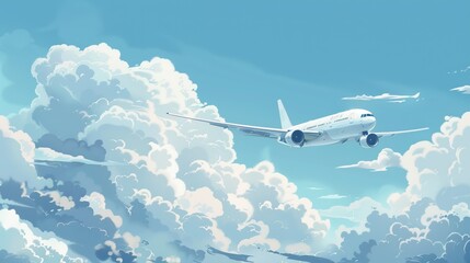 Illustration of airplane soaring through white clouds
