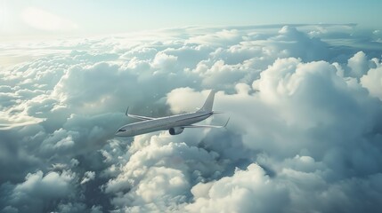 Airplane flying high above thick clouds at sunrise