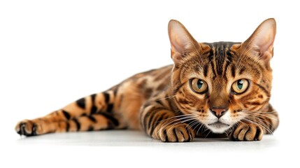 Close-up of a Bengal Cat Lying on a White Background