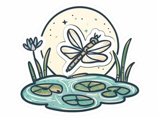 Fototapeta premium Cartoon illustration of a dragonfly flying over a pond.