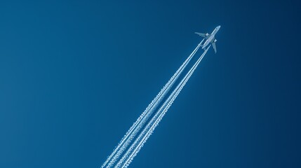 Airplane flying high above, leaving multiple contrails.