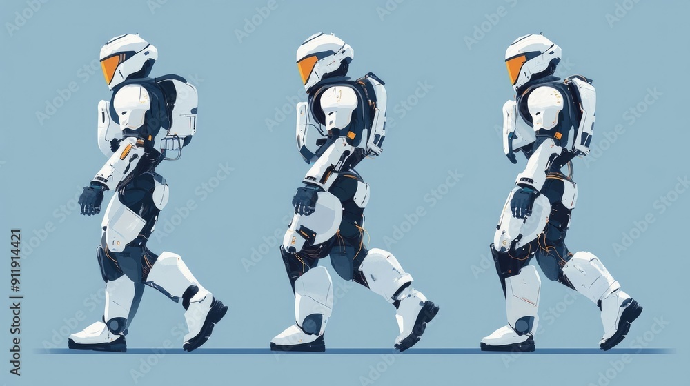 Poster of a robotic exoskeleton suit designed for enhanced mobility strength and power featuring a sleek fu