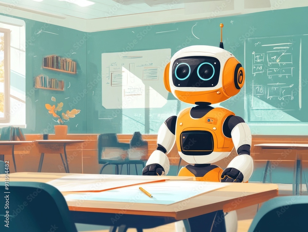 Poster robotic teaching assistant helping student with learning and exploring new concepts in a modern tech