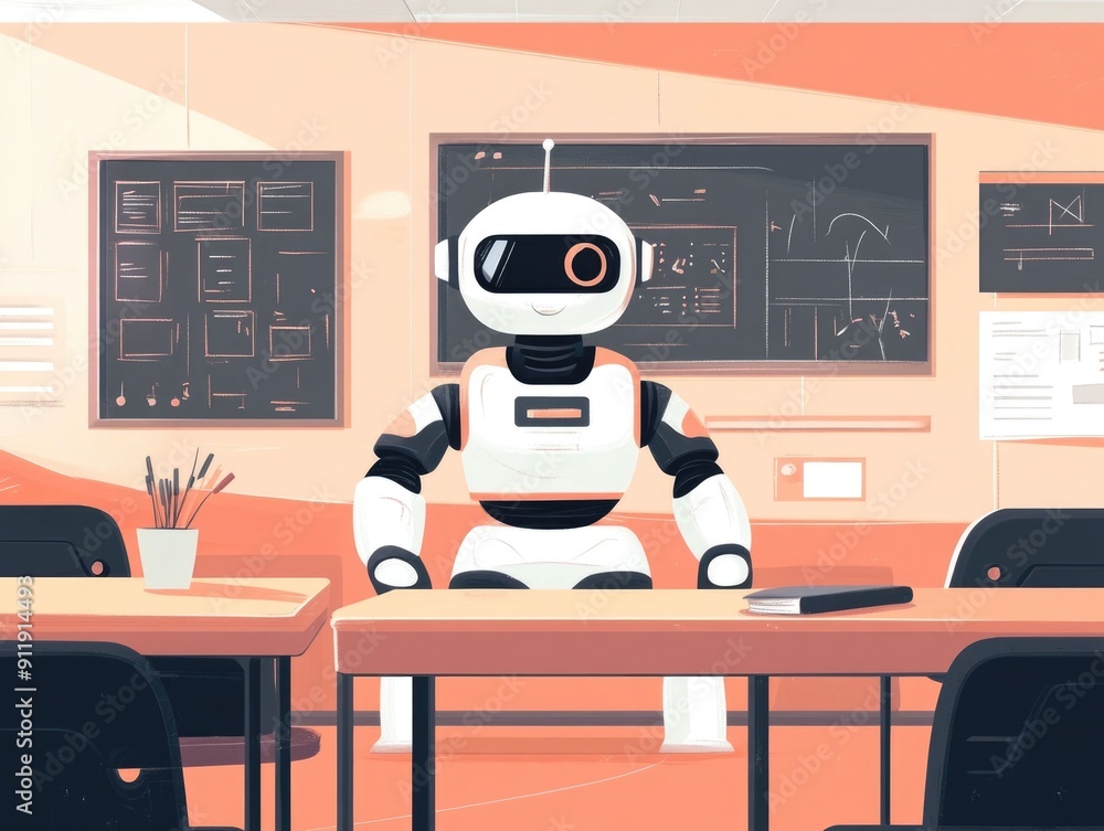 Poster of an educational robot standing at a desk in a modern classroom setting with chalkboards desks and 