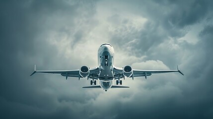 Obraz premium Airplane flying through stormy skies, front view image.