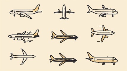 Creative line drawing of various airplanes in side view.