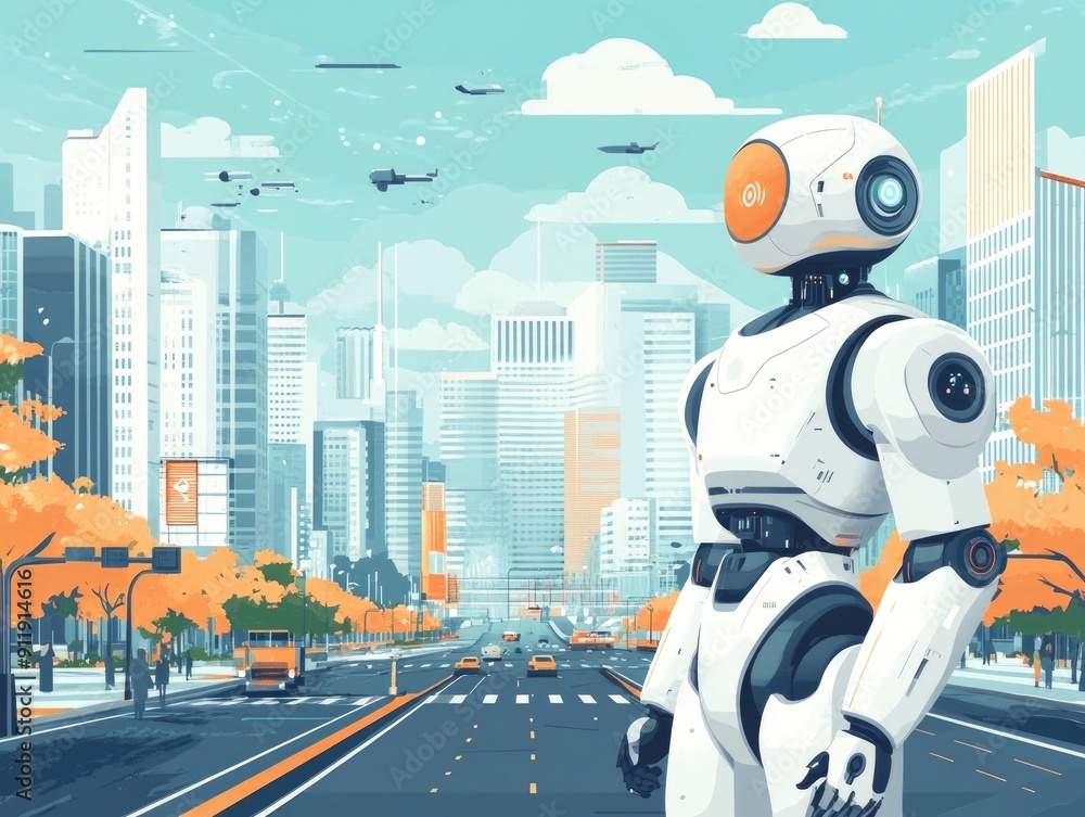 Poster futuristic showcasing an ai powered smart city of the future featuring robotic technologies autonomo