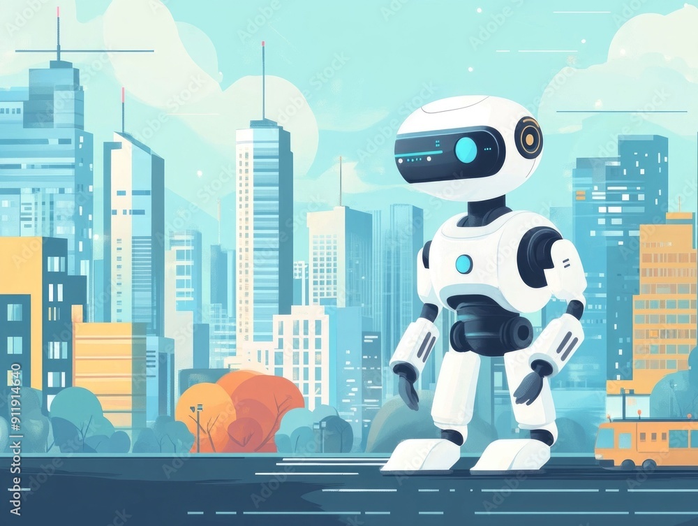 Poster of a futuristic ai powered robot standing in a modern smart city landscape with skyscrapers transpor