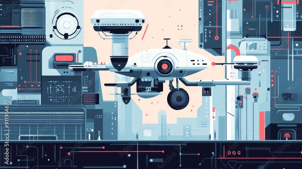 Poster of an advanced futuristic command center with an autonomous drone surveillance system featuring a di