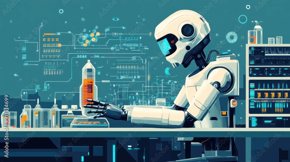 Poster of a robotic laboratory workspace with advanced scientific equipment digital analytics and ai driven